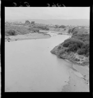 Cut in Hutt River by Melling, in preparation for new bridge, Lower Hutt
