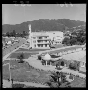 Hutt Civic Centre showing Lower Hutt Town Hall and clock tower with swimming pool on right