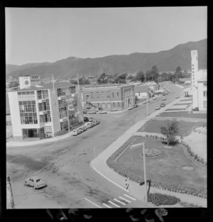 Hutt Civic Centre with Lower Hutt Town Hall and clock tower on right, Laings Road with Queens Drive in foreground, Lower Hutt