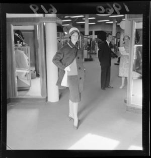 Fashion Parade at Kirkcaldie and Stains with an unidentified woman model, Wellington City