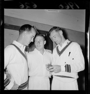 Australian cricketers Ian Craig, J W Martin and B Booth within the changing rooms of the [Basin Reserve, Wellington City?]