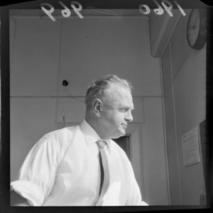 Evening Post cartoonist Neville Lodge in his office, Wellington City
