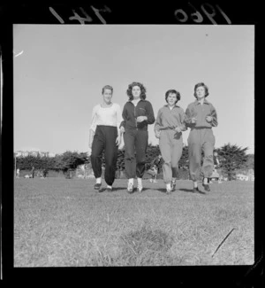 Unidentified women athletes warming up, athletics, at Hataitai Park, Wellington