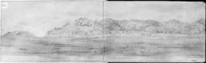 Bridge, Cyprian, 1807-1885 :View of my house and the Cantonment at the Wahapu, Bay of Islands, New Zealand, where I was quartered three years & a half. The Parade Ground, Officers houses and our pleasure boats in the foreground. [1845 or 1846?]