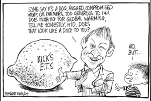 "Some say it's a dog, rushed, compromised, weak on farmers, too generous to Iwi, does nothing for global warming. Tell me honestly, kid, does it look like a dog to you?" "No, but..." 24 November 2009