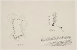 Heaphy, Charles 1820-1881 :[Notes and sketches of Maori fortifications, 1839-1863] Plan of a pa, Massacre Bay. 1839. Section of walls near a gateway. [ca 1864?]
