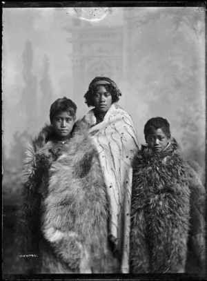 Unidentified Maori children wearing cloaks - Photograph taken by Frank J Denton