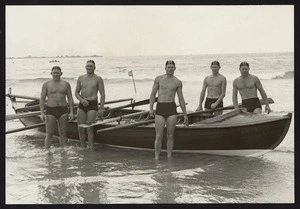 Piha Surf Life Saving Club team after winning the New Zealand Surf Lifeboat Championships, Lyall Bay, Wellington