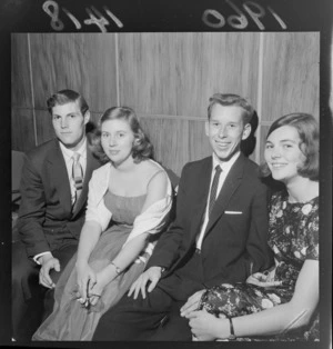 Unidentified students at ball, for Victoria University students, at Hutt Town Hall, Lower Hutt, Wellington