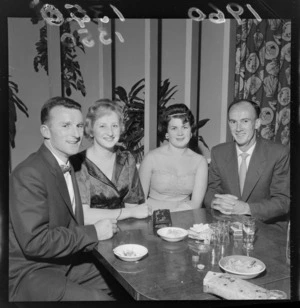 Tennis Association Ball at the Majestic Cabaret Blue Domino with two unidentified couples at a table, Wellington City