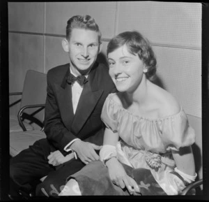 Unidentified students at ball, for Victoria University students, at Hutt Town Hall, Lower Hutt, Wellington