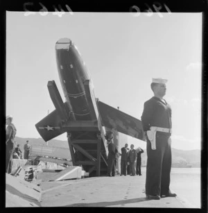 Displaying the Regulus radio control missile on top of submarine, USS Halibut, Overseas Passenger Terminal, Oriental Bay, Wellington