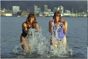 Anna Ballara and Rebecca Percott at Oriental Bay, Wellington - Photograph taken by John Nicholson