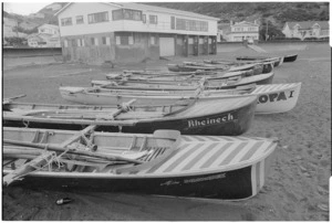 Surf boats for the Cook Strait race on Island Bay Beach, Wellington, New Zealand