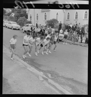 Group of unidentified girl harriers, at starting line of race, outside Ngaio Methodist Church, Wellington