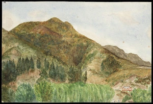 Artist unknown :Te Aroha 1901. Most of the town is not in view. However the hotel with its hot spa facilities is shown in the right hand corner [1901]