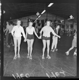 Three unidentified young women at opening of 'Glide Rink' roller skating rink, Kilbirnie, Wellington
