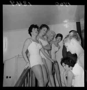 Miss Loraine Jones 'Miss Wellington' with other contestants [on hearing she won?], Wellington City Town Hall