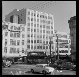 Street view of Commerce House under refurbishment, Lambton Quay, Wellington City