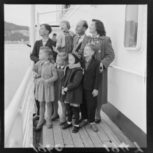 Unidentified adults and children, refugees on board the ship Waterman, Wellington