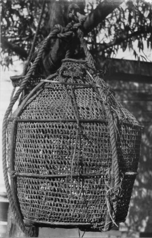 Photograph of a wicker fishing trap or pot (hinaki)