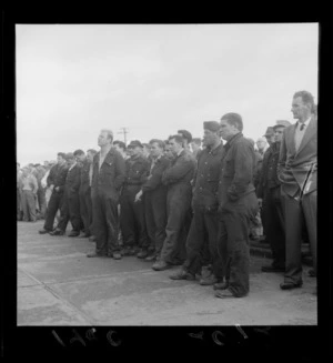 Workmen listening to a speech by Mr P Dowse about safety, probably Wellington region