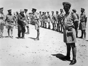 Winston Churchill meeting New Zealand officers at Alamein, Egypt, during World War 2