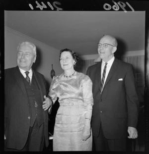 Portrait of NZ Prime Minister Walter Nash with Mormon President an Mrs A P Anderson within an unknown building location, probably Wellington City