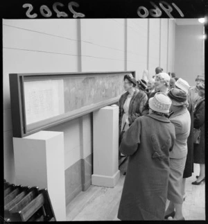 Chinese scroll painting with unidentified people viewing at the National Art Gallery, Dominion Museum, Buckle Street, Wellington City