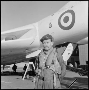 RAF Avro Vulcan XH498 Jet bomber plane with Captain Flight Lieutenant C R Bell in full flight gear, Ohakea Air Force Base, Palmerston North