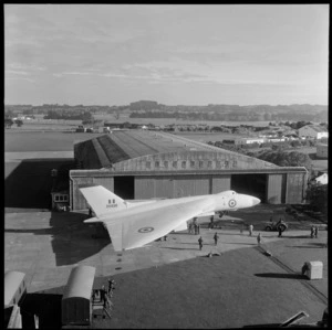 RAF Avro Vulcan XH498 Jet bomber plane with ground crew in front of a hangar, Ohakea Air Force Base, Palmerston North