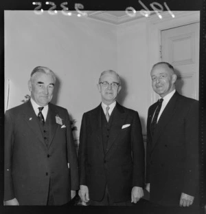 Portrait of Mr H Mitchell, Chief Justice Sir Harold Barrowclough and Mr K W Frazer in an unknown building, probably Wellington City