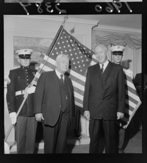 NZ Prime Minister Walter Nash with the American Ambassador Mr F H Russell at the American Embassy Independence Day Celebrations, Wellington City