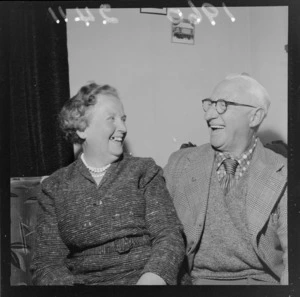 Portrait of Mr and Miss Chamberlain, brother and sister reunited after 40 years within an unknown house location, probably Wellington Region