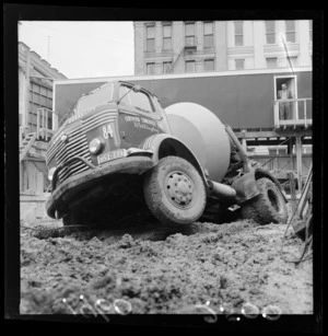 Concrete mixer truck which sank in soft mud, Featherston Street, Wellington