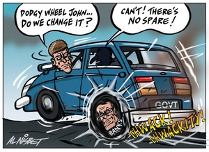 Nisbet, Alastair, 1958- :"Dodgy wheel John... do we change it?" 18 September 2012