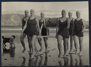 The Wellington Ladies' Surf and Life-saving Club's team at season opening, Lyall Bay beach, Wellington