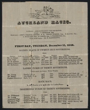 Auckland Races. Patron His Excellency the Governor. Judge T Beckham esq... First day, Tuesday December 11, 1849. Maiden Plate of twenty-five sovereigns; Ladies' purse of thirty sovereigns; Hack race; Innkeepers' purse of thirty sovereigns. [Programme on silk fabric. 1849]