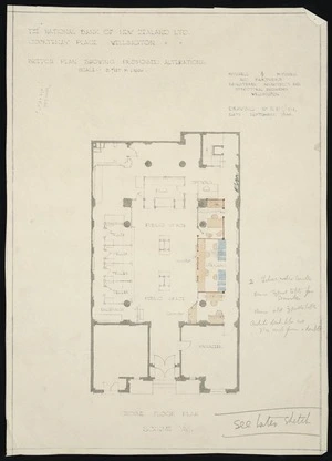 Mitchell & Mitchell and Partners :The National Bank of New Zealand Limited. Courtenay Place, Wellington. Sketch plan showing proposed alterations. Scale 8 feet to an inch. Drawing no. RP 1/D1. Date September 1946
