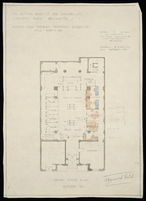 Mitchell & Mitchell and Partners :The National Bank of New Zealand Limited. Courtenay Place, Wellington. Sketch plan showing proposed alterations. Scale 8 feet to an inch. Ground floor plan. Scheme A. Drawing no. RP 2/D2. Date September 1946. Approved sketch