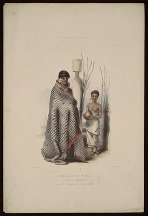 Angas, George French 1822-1886 :Toea, daughter of Te Awaitaia, chief at Waingaroa, with an attendant boy carrying water. / George French Angas delt & lith. Plate 54, 1847.