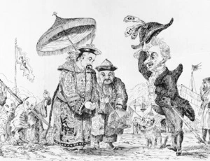Artist unknown :Mr Punch, as chief of the Board of Commerce, receiving the ambassadors of His Celestial Majesty the Brother of the Sun on his Mission to open negotiations with Otago. [Dunedin punch, 23 September 1865].