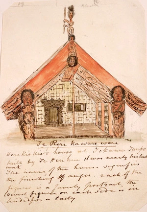[Taylor, Richard], 1805-1873 :Te Riri ka ware ware. Herekiekie's house at Tokanu Taupo built by Te Heu heu. It was nearly his last work. The name of the house signifies the finishing of anger. Each of the figures is a family portrait. The lowest figure on each side is intended for a lady. [ca 1848]