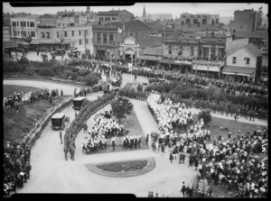 Crowd scene outside Parliament buildings, Wellington, 1927