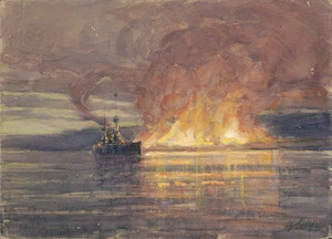 Allfree, Geoffrey S, 1889-1918 :[The evacuation of Suvla Bay. The burning of a million pounds worth of stores; last lighter coming away as dawn broke] 1915.