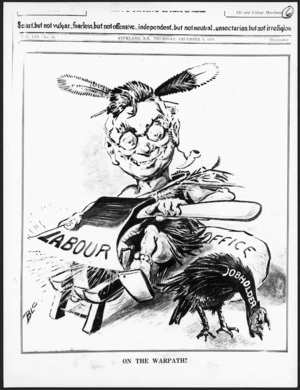 Blomfield, William, 1866-1938:On the warpath? New Zealand Observer, 5 December 1935.