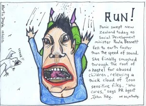Doyle, Martin, 1956- :RUN! Panic swept New Zealand today as Social Development Minister Paula Bennett fell to earth faster than the speed of sound... 15 October 2012