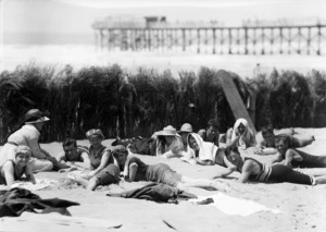 Group in swimming costumes, New Brighton Beach, Christchurch