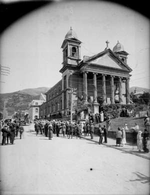 Basilica of the Sacred Heart, and crowd alongside, Hill Street, Thorndon, Wellington