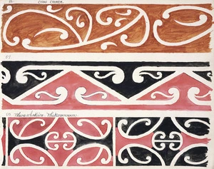 Godber, Albert Percy, 1876-1949 :[Drawings of Maori rafter patterns]. 56. Otaki Church; 57.; 58. Whare whakairo Whakarewarewa. [1939-1947].